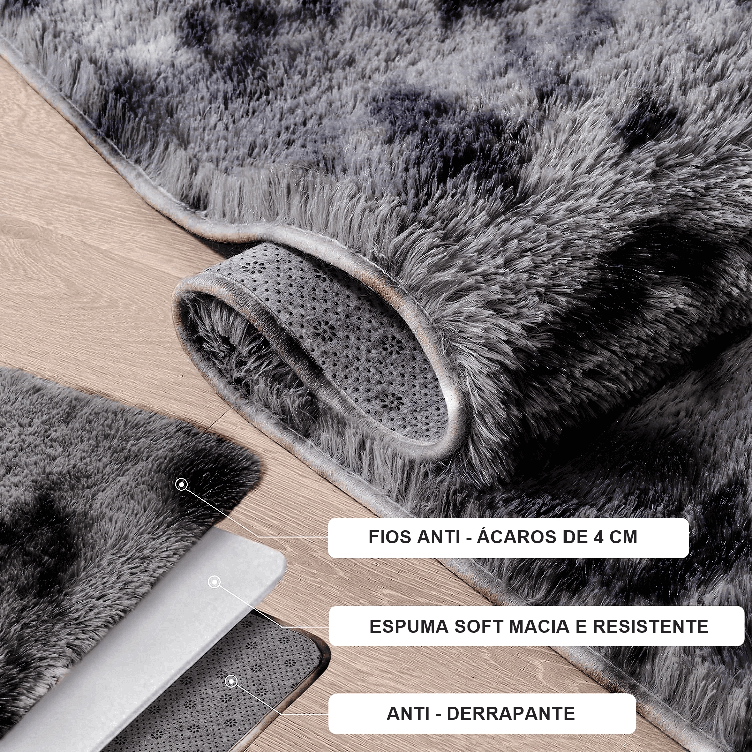 Tapete Pelo Alto Felpudo Macio Anti Derrapante Anti Alérgico Mesclado Cinza - 100 x 120 cm Tapete para Sala e Quarto