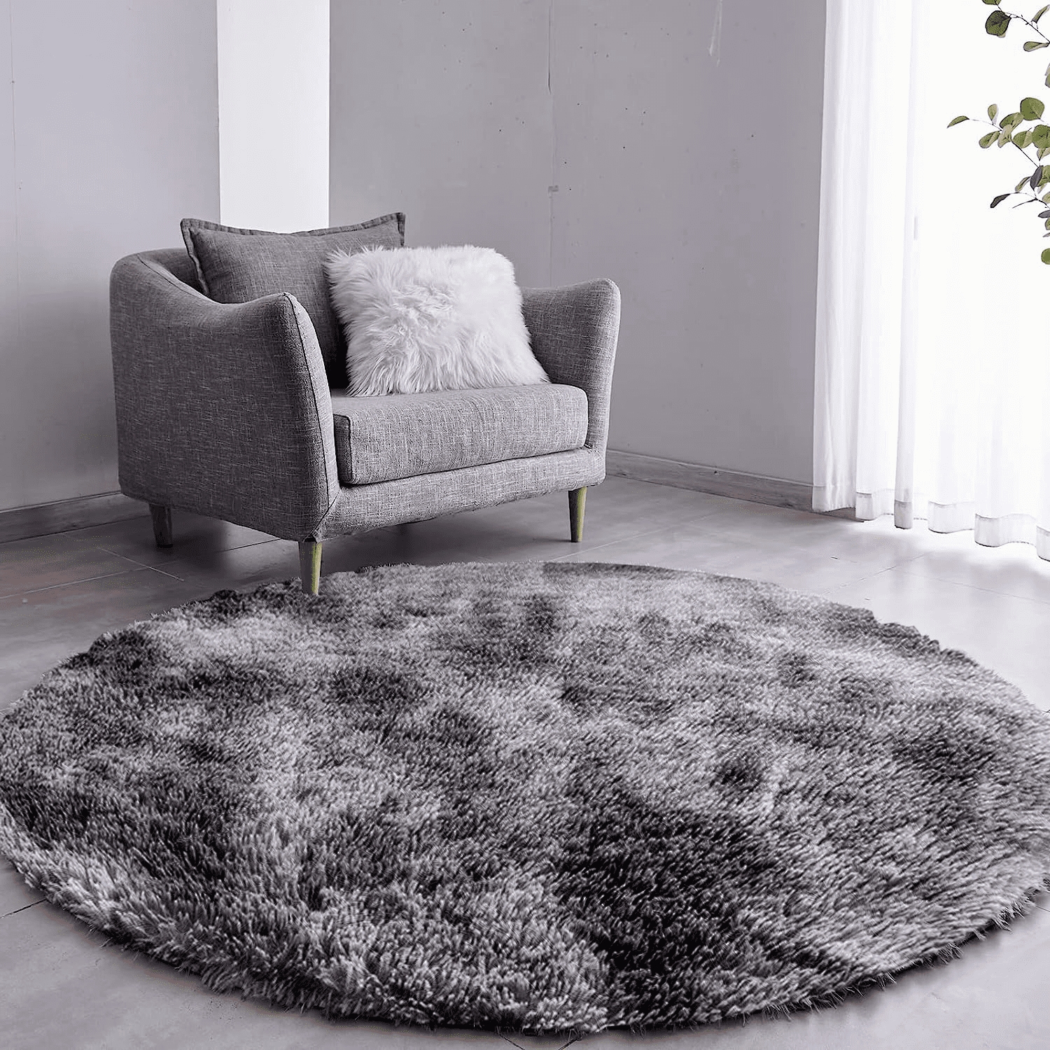 Tapete Pelo Alto Felpudo Macio Anti Derrapante Anti Alérgico Mesclado Cinza Redondo - 100 cm Tapete para Sala e Quarto