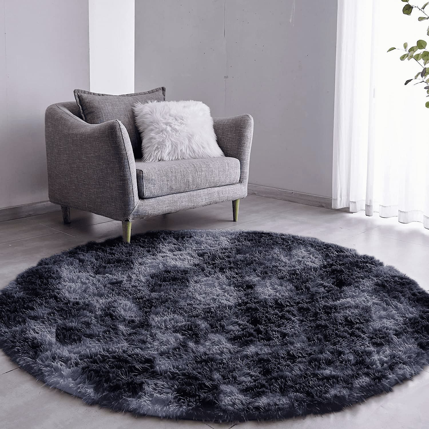 Tapete Pelo Alto Felpudo Macio Anti Derrapante Anti Alérgico Mesclado Preto Redondo - 140 cm Tapete para Sala e Quarto