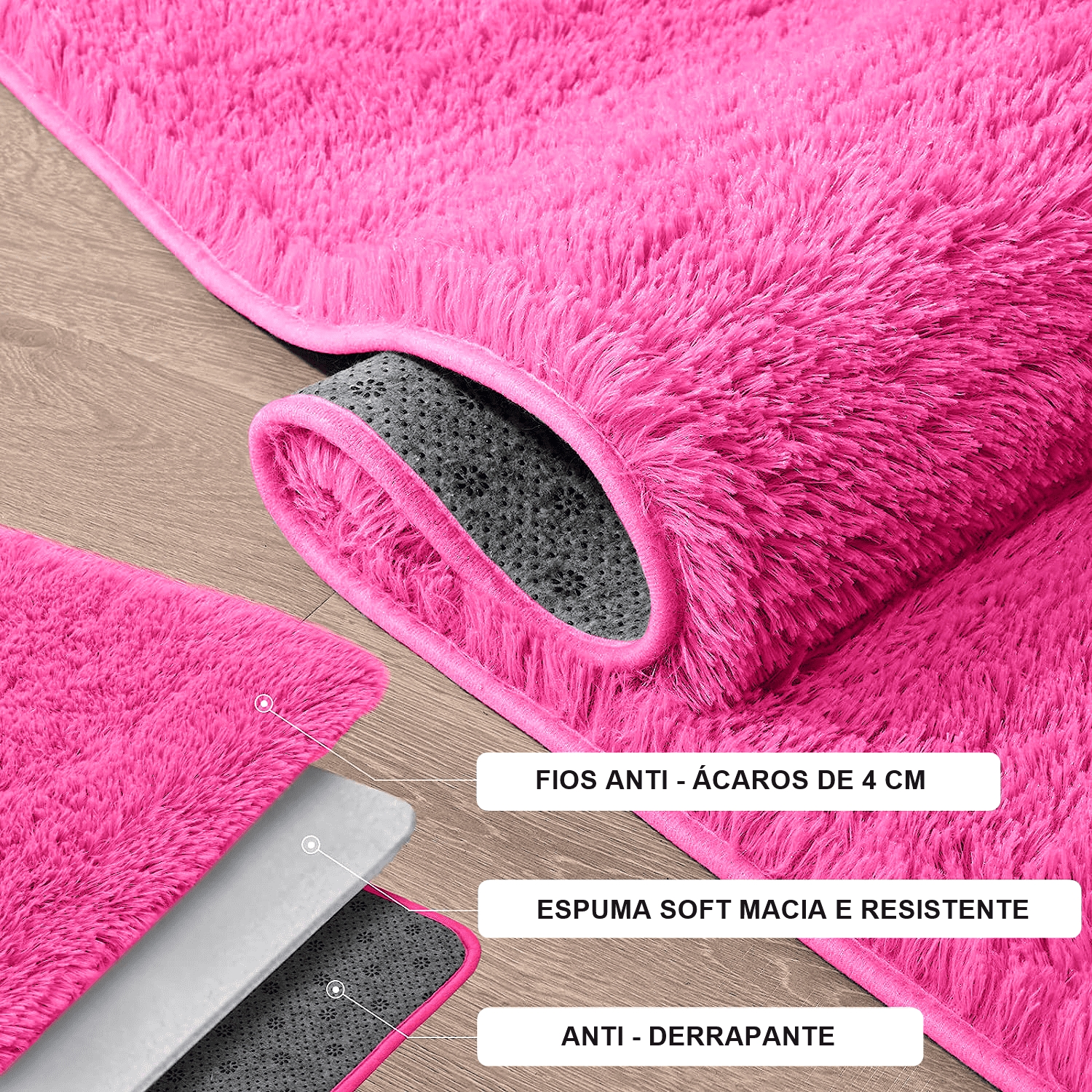 Tapete Pelo Alto Felpudo Macio Anti Derrapante Anti Alérgico Rosa - 50 x 100 cm Tapete para Sala e Quartos
