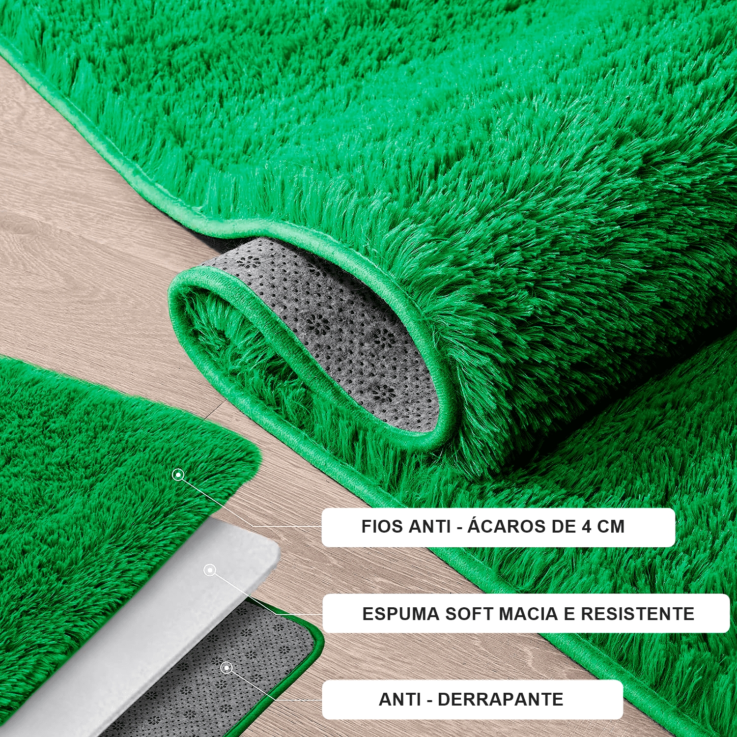 Tapete Pelo Alto Felpudo Macio Anti Derrapante Anti Alérgico Verde  - 200 x 200 cm Tapete para Sala e Quarto