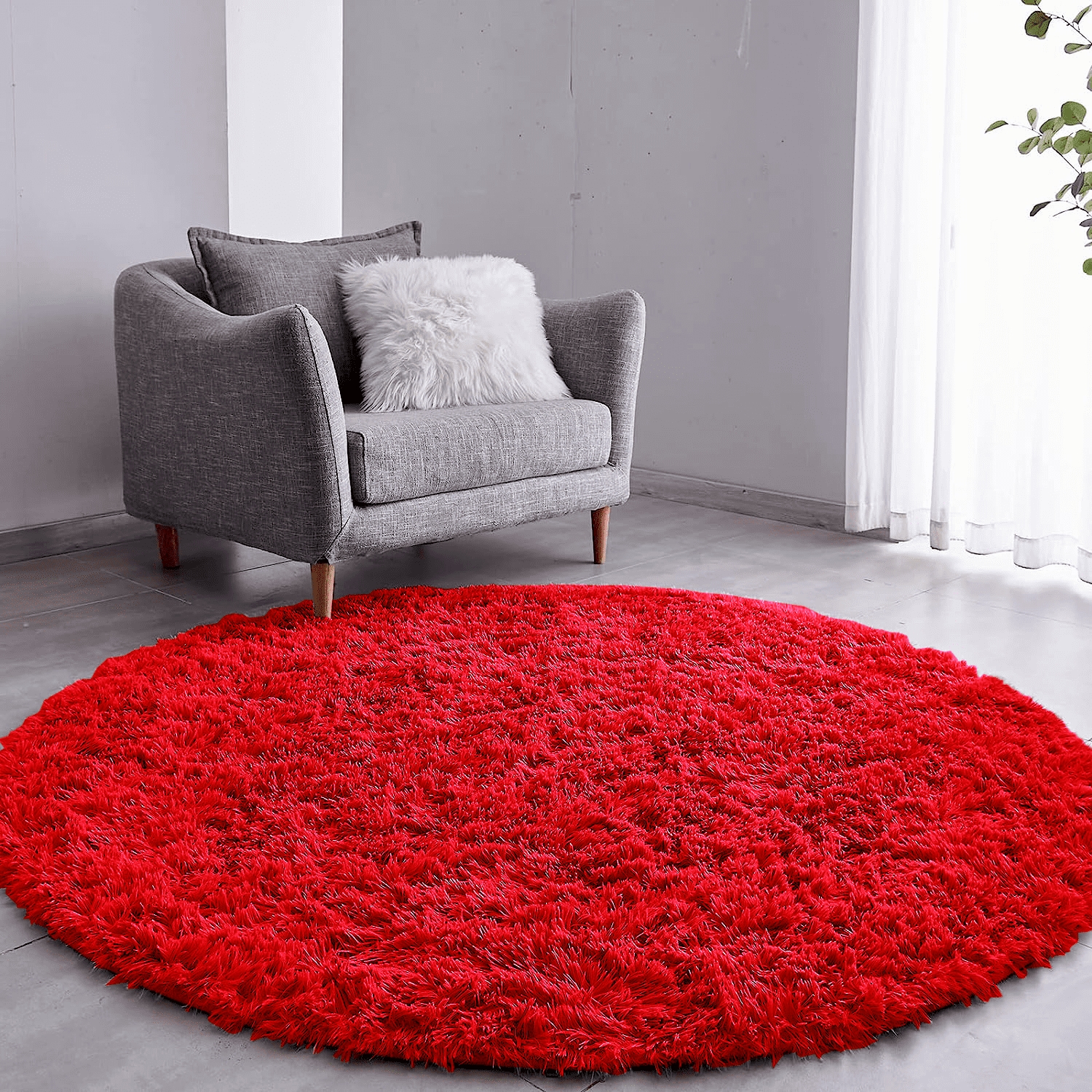 Tapete Pelo Alto Felpudo Macio Anti Derrapante Anti Alérgico Vermelho  Redondo - 100 cm Tapete para Sala e Quarto