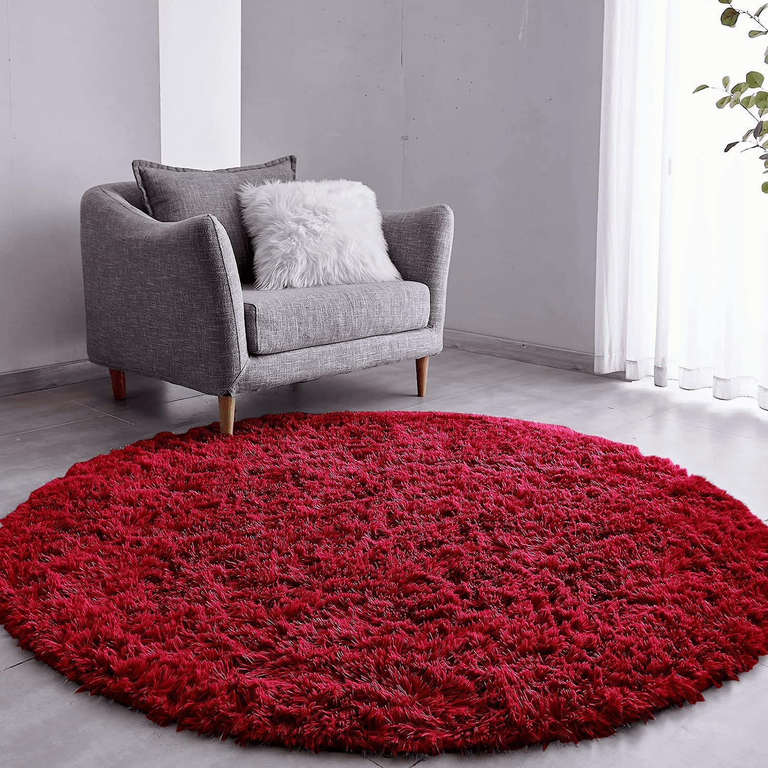 Tapete Pelo Alto Felpudo Macio Anti Derrapante Anti Alérgico Vermelho  Redondo - 100 cm Tapete para Sala e Quarto