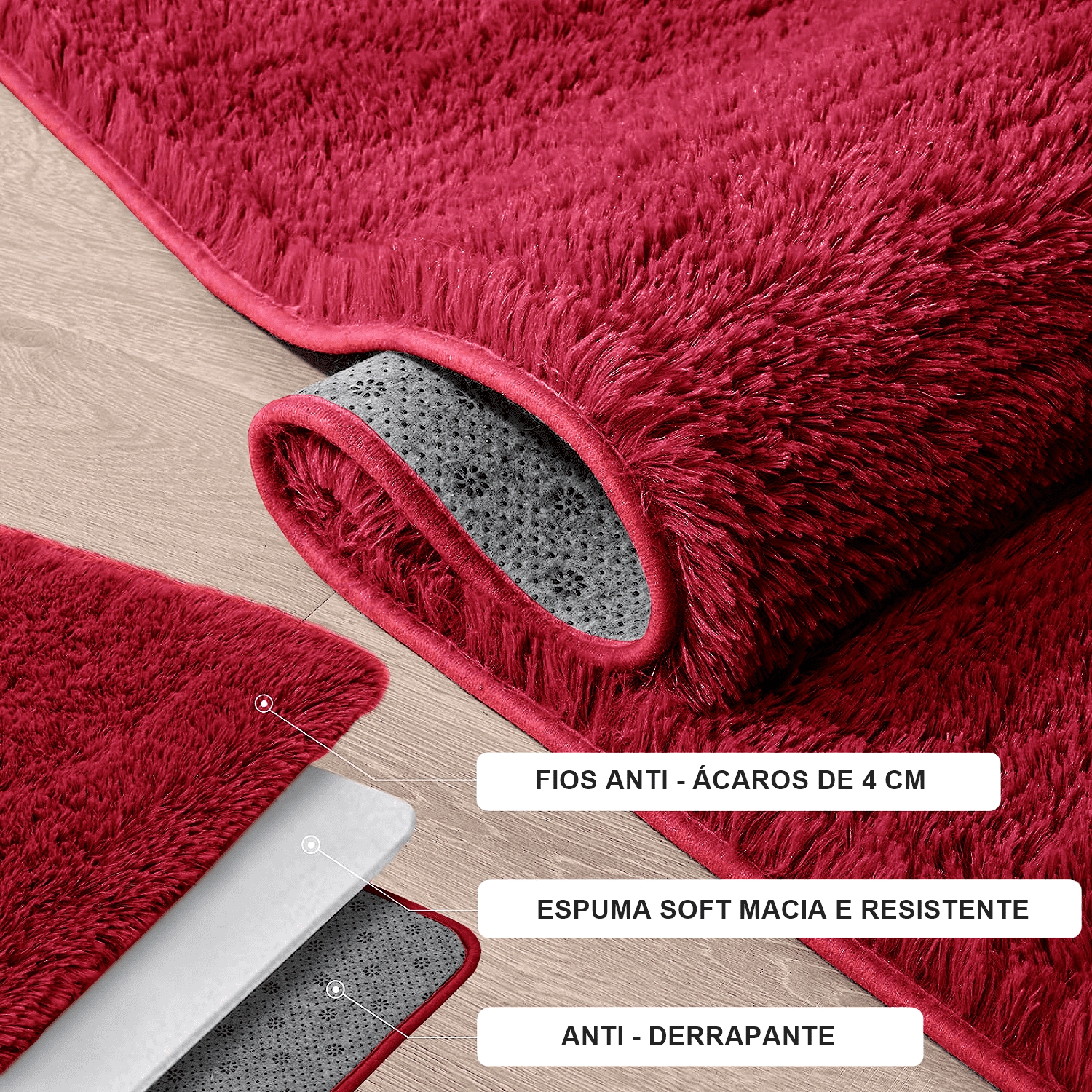 Tapete Pelo Alto Felpudo Macio Anti Derrapante Anti Alérgico Vinho - 50 x 100 cm Tapete para Sala e Quarto