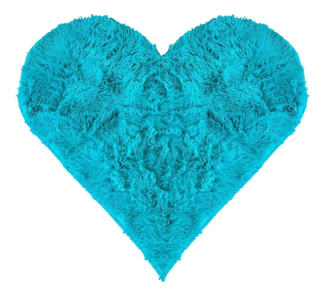 Tapete Sala Felpudo Peludo Azul Turquesa Coração 100 cm