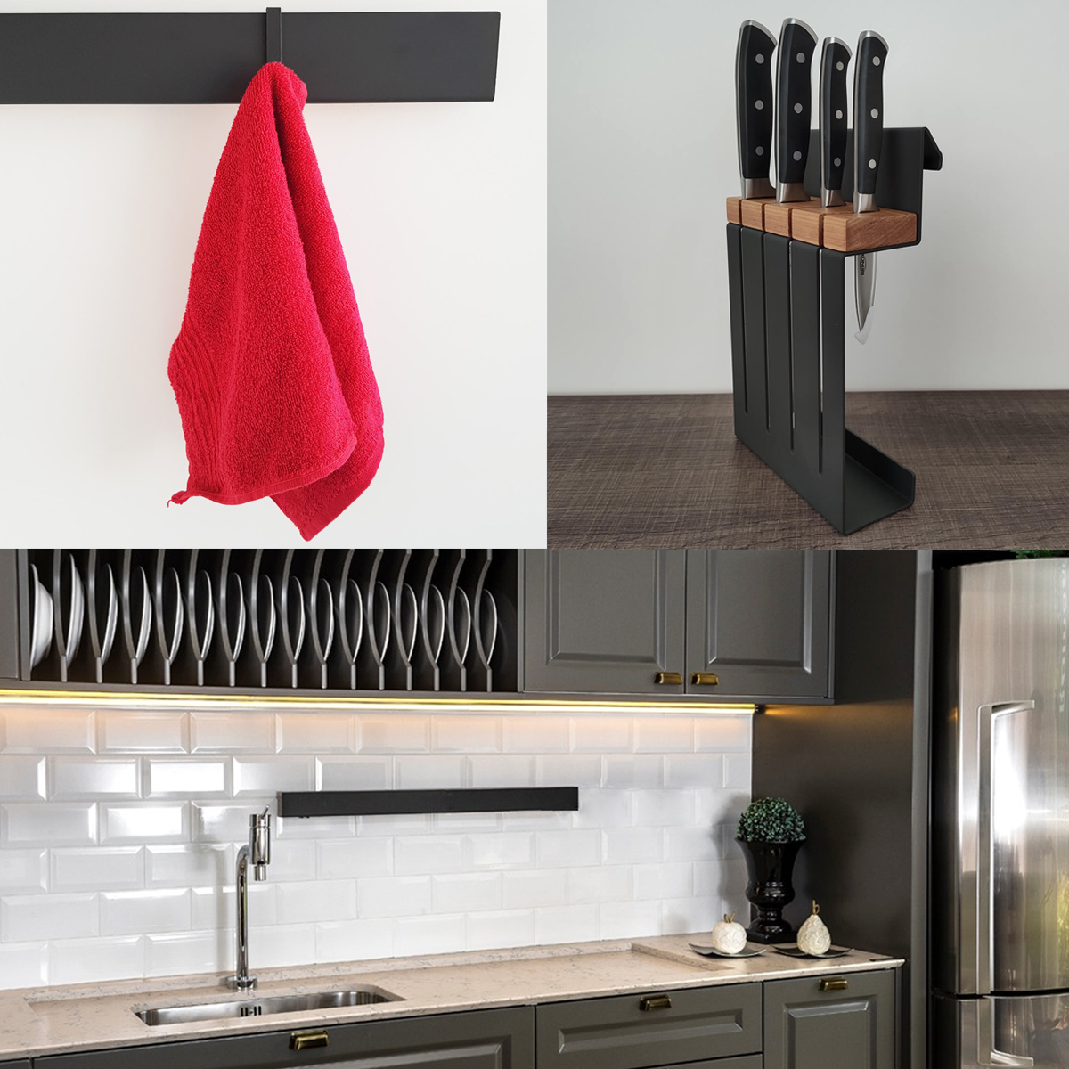 Kit Suportes Organizadores Barra 60cm Porta Facas e Gancho Multiuso De Cozinha Grafite