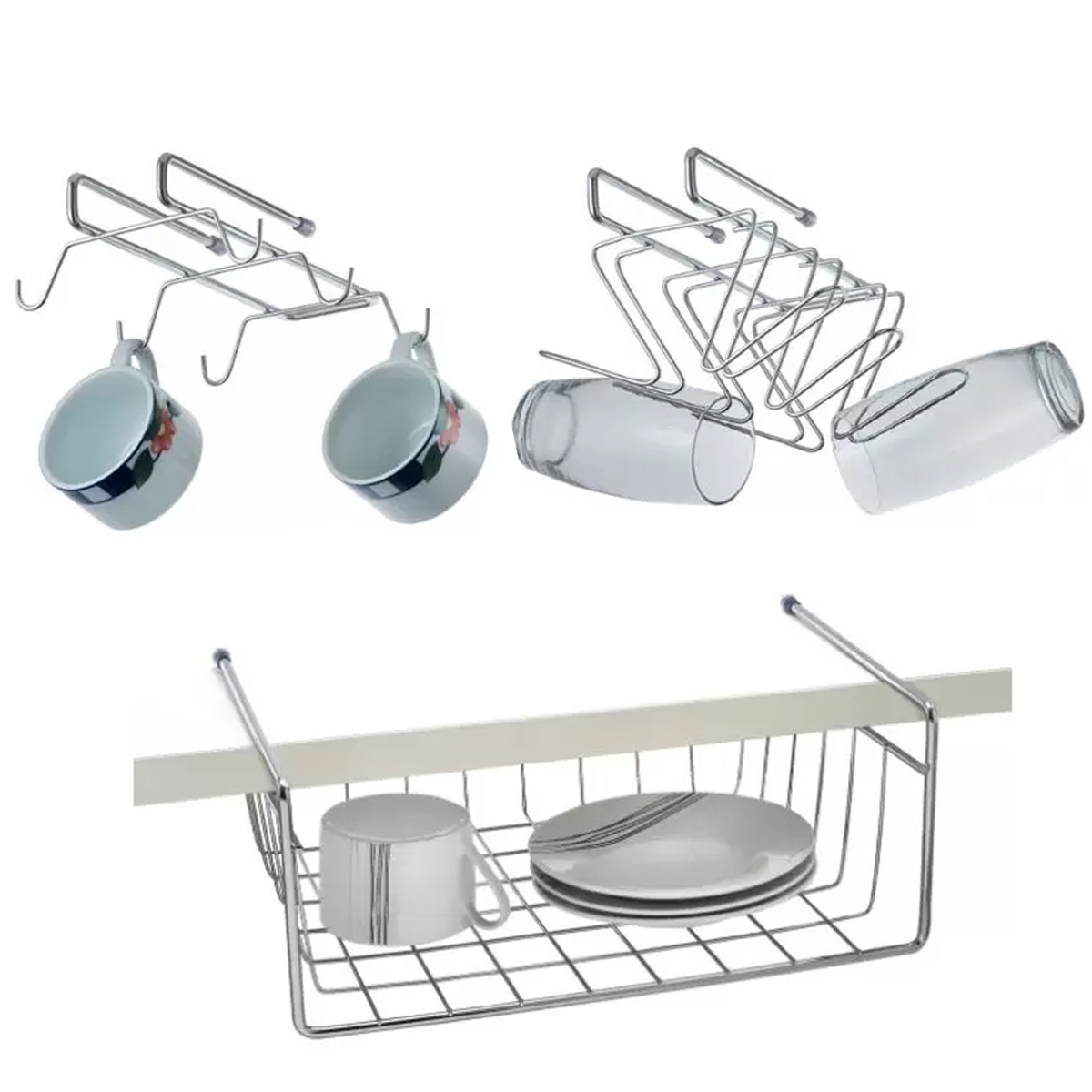 Kit Suportes Suspensos Porta Xícaras Porta Copos e Cesto Organizador Armário