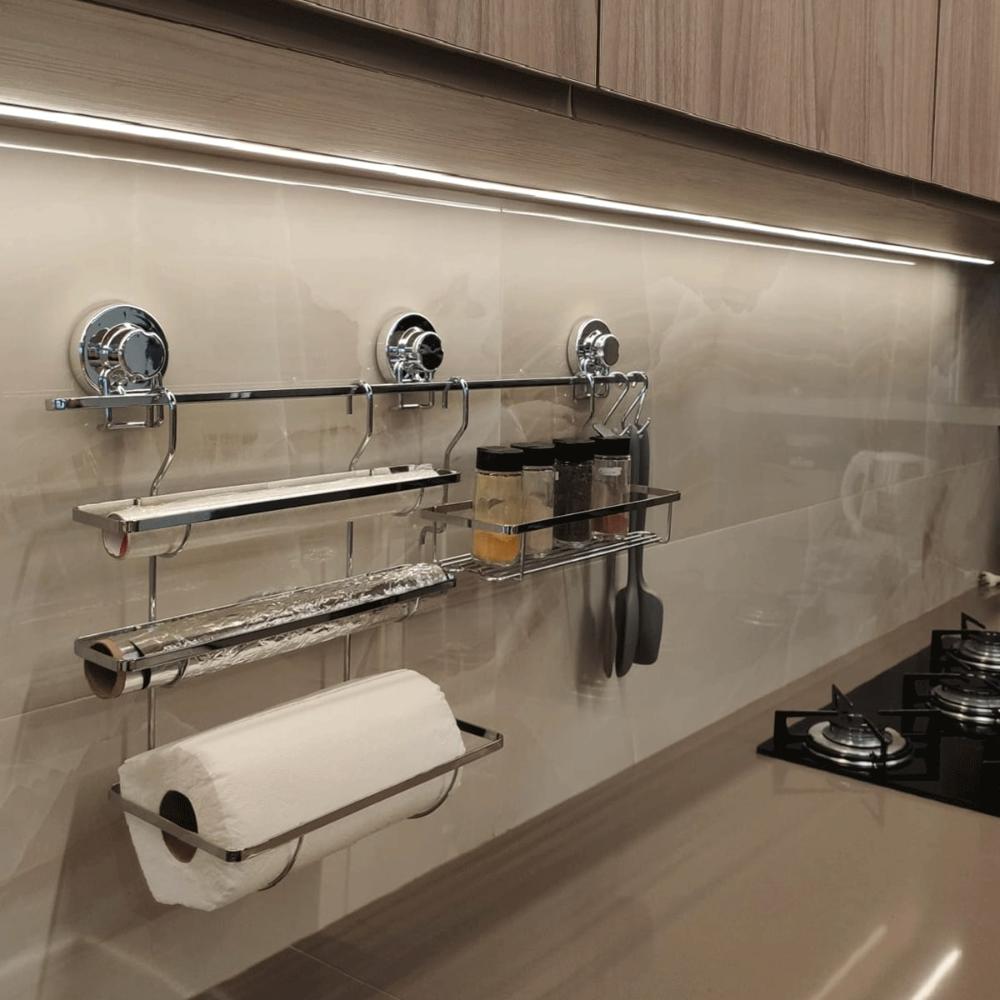 Barra com Ventosa para Pendurar Utensílios de Cozinha Suporte 70cm Aço Cromado