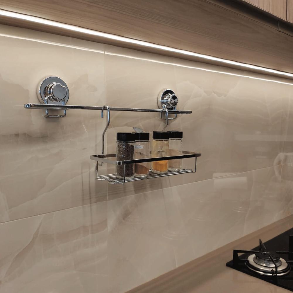 Barra para Pendurar Utensílios de Cozinha Com Ventosa 50cm Aço Cromado