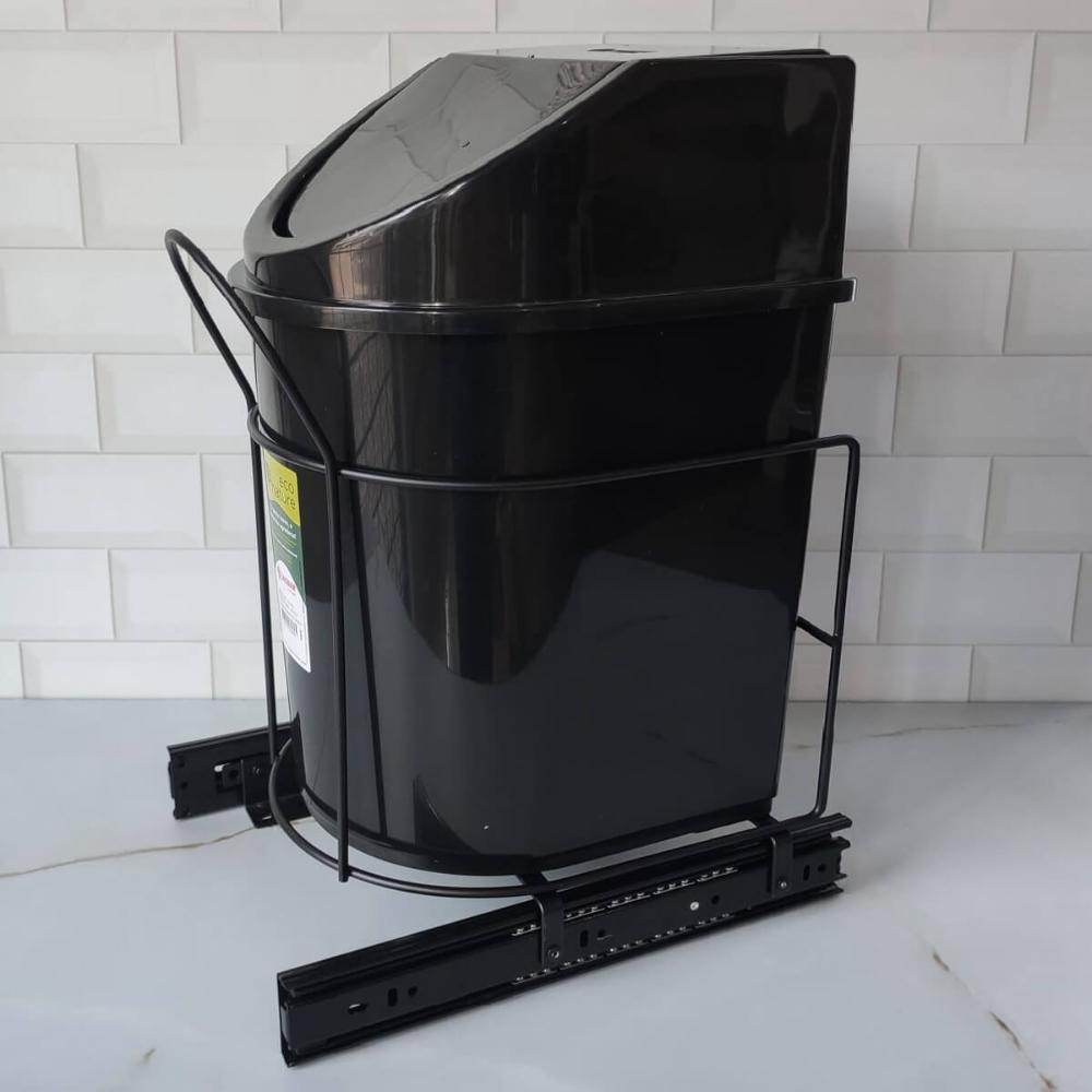 Lixeira 12 Litros Deslizante Corrediça Telescópica Preta Cozinha Tampa Basculante Aramada