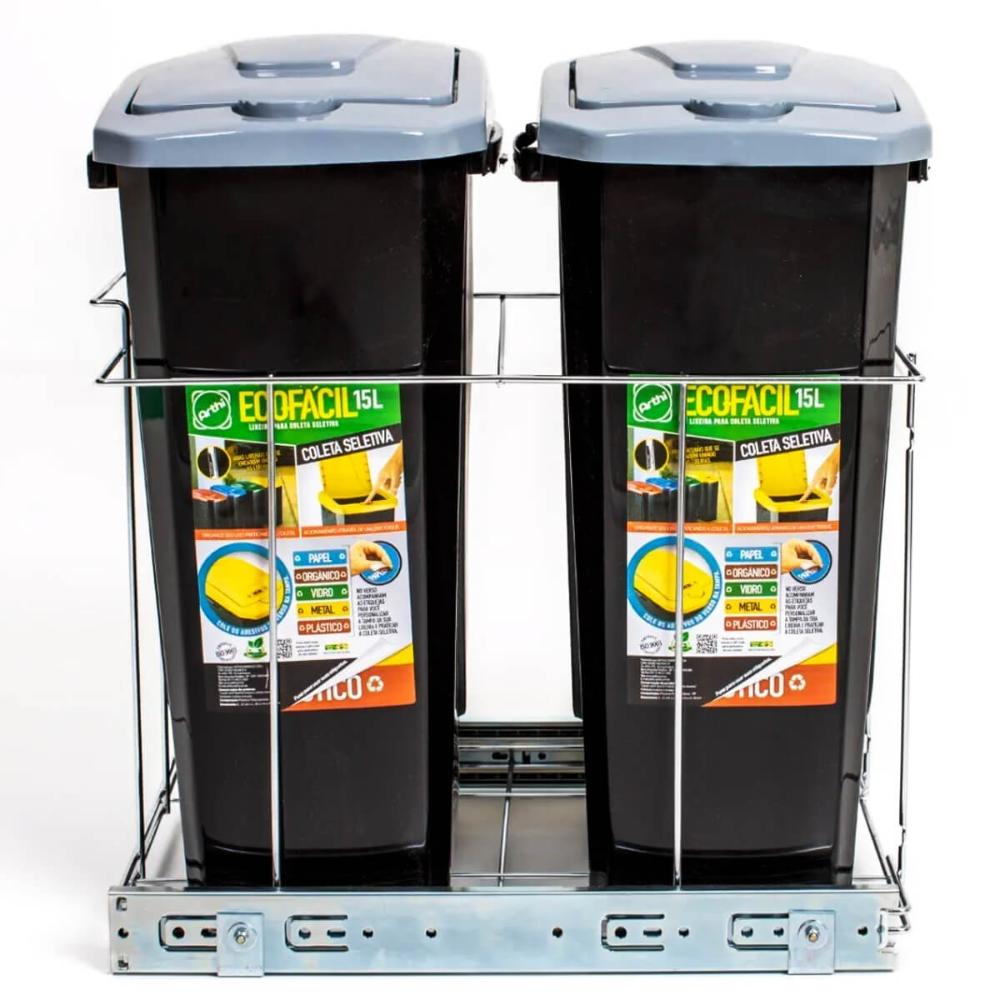 Lixeira Deslizante Slim Dupla 45,5cm x 29cm x44cm Cesto de L