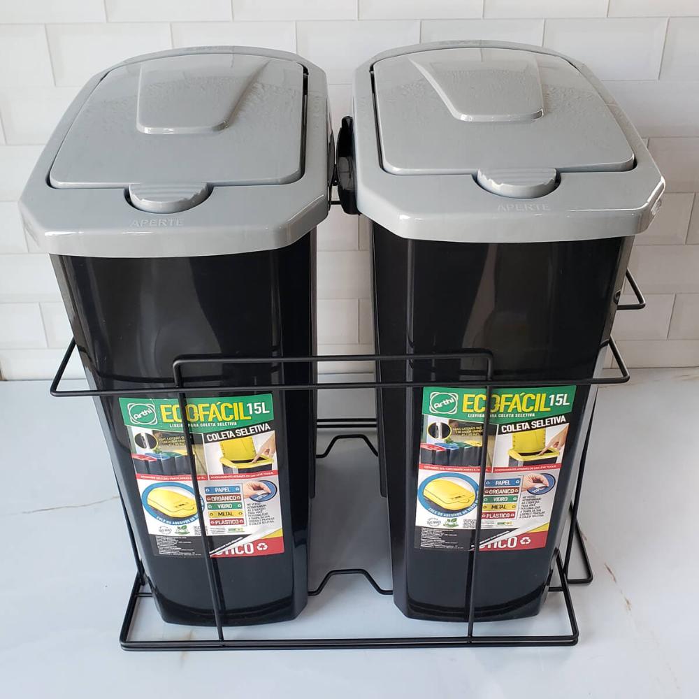 Lixeira Dupla 15L Slim para Armário Preta com Corrediças Deslizantes Schmitt