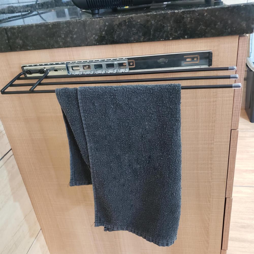 Porta Pano de Prato Triplo Preto Suporte Cozinha de Corrediç
