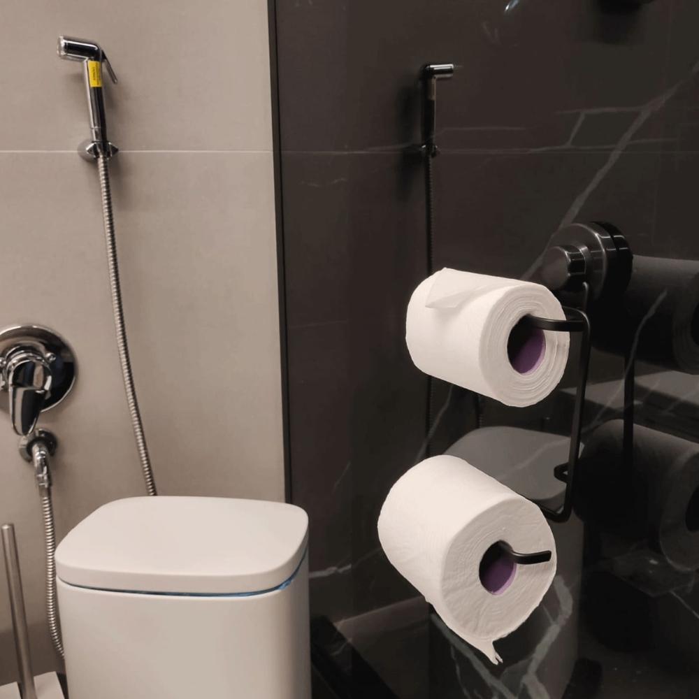 Porta Papel Higiênico com Ventosa Preto Papeleira Dupla Faci