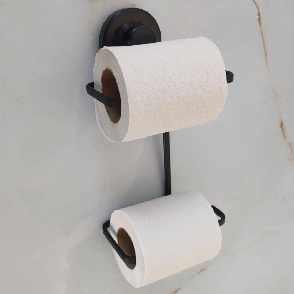 Porta Papel Higiênico com Ventosa Preto Papeleira Dupla Faci