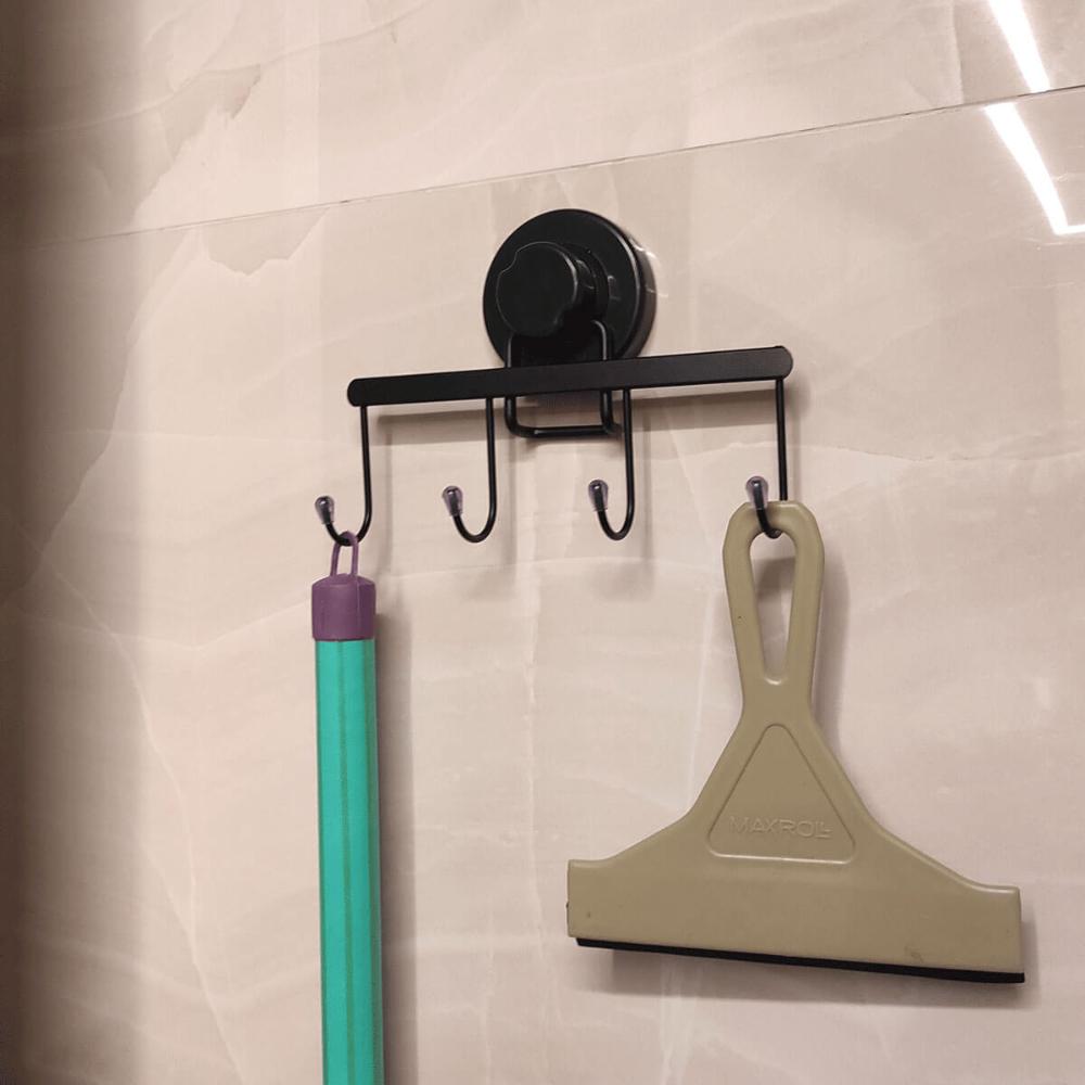 Suporte Multiuso 4 Ganchos Cabideiro Preto com Ventosa Pared