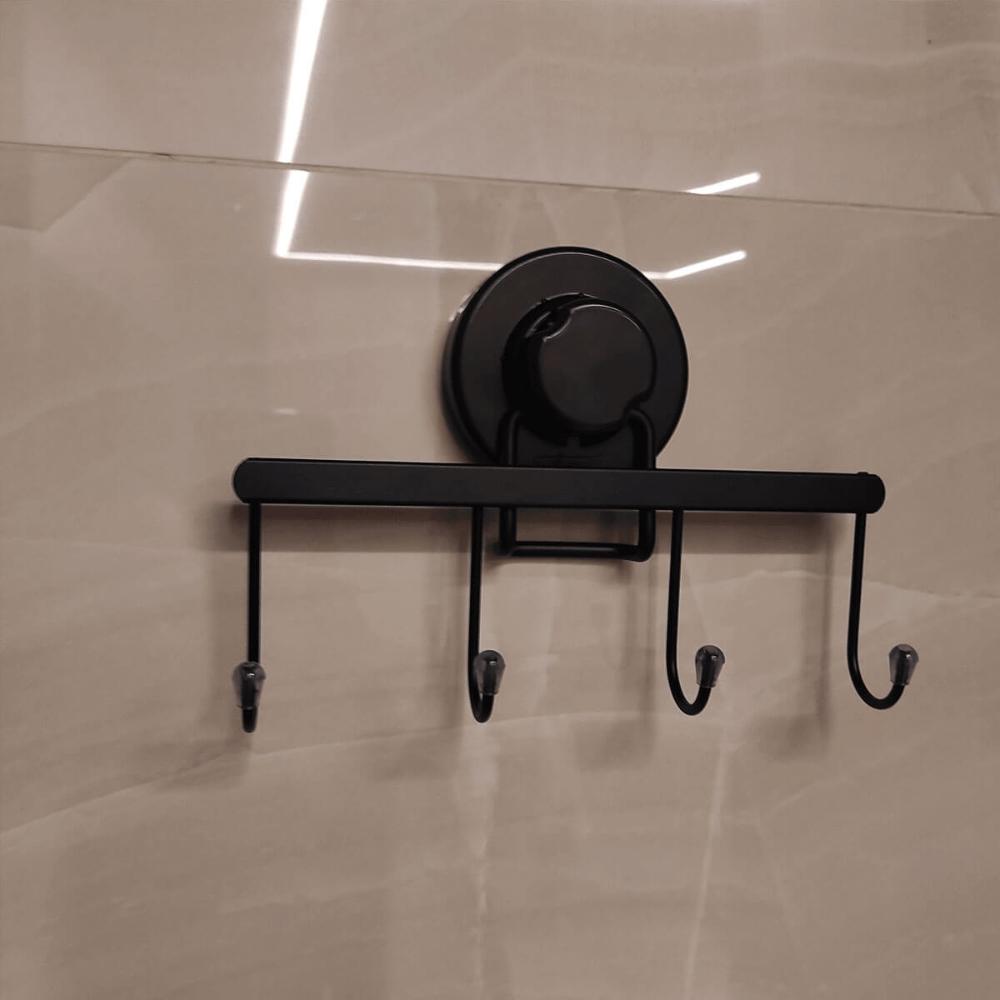 Suporte Multiuso 4 Ganchos Cabideiro Preto com Ventosa Pared