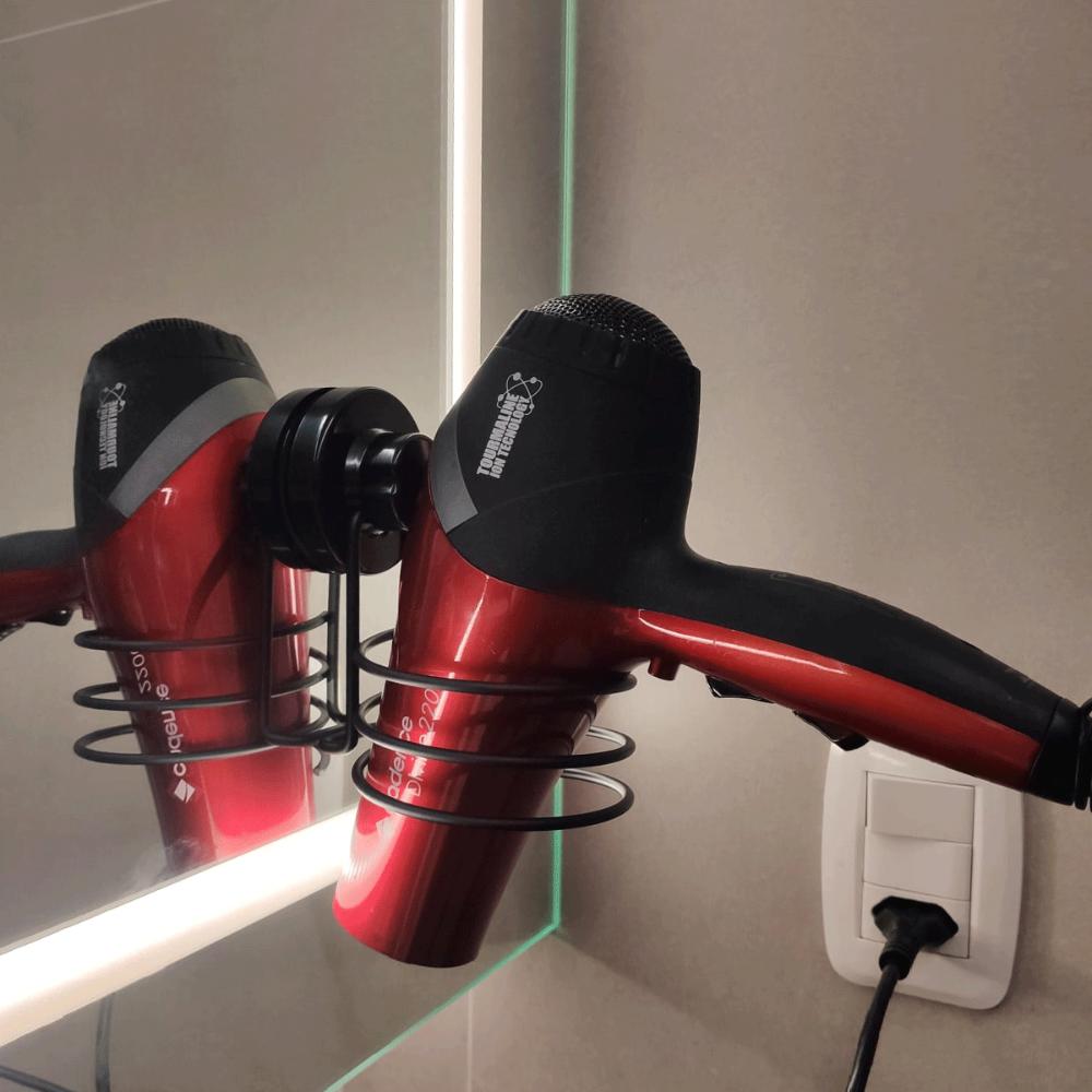 Suporte Porta Secador de Cabelo Preto com Ventosa de Parede