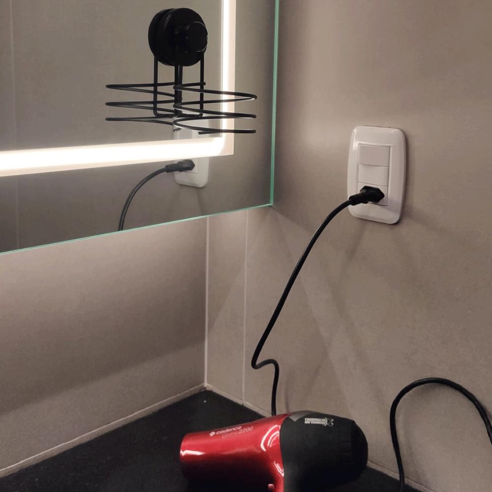 Suporte Porta Secador de Cabelo Preto com Ventosa de Parede