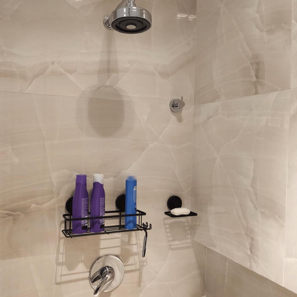 Suporte Porta Shampoo Prateleira com Ventosa Preta com Gancho Multiuso Faciliti