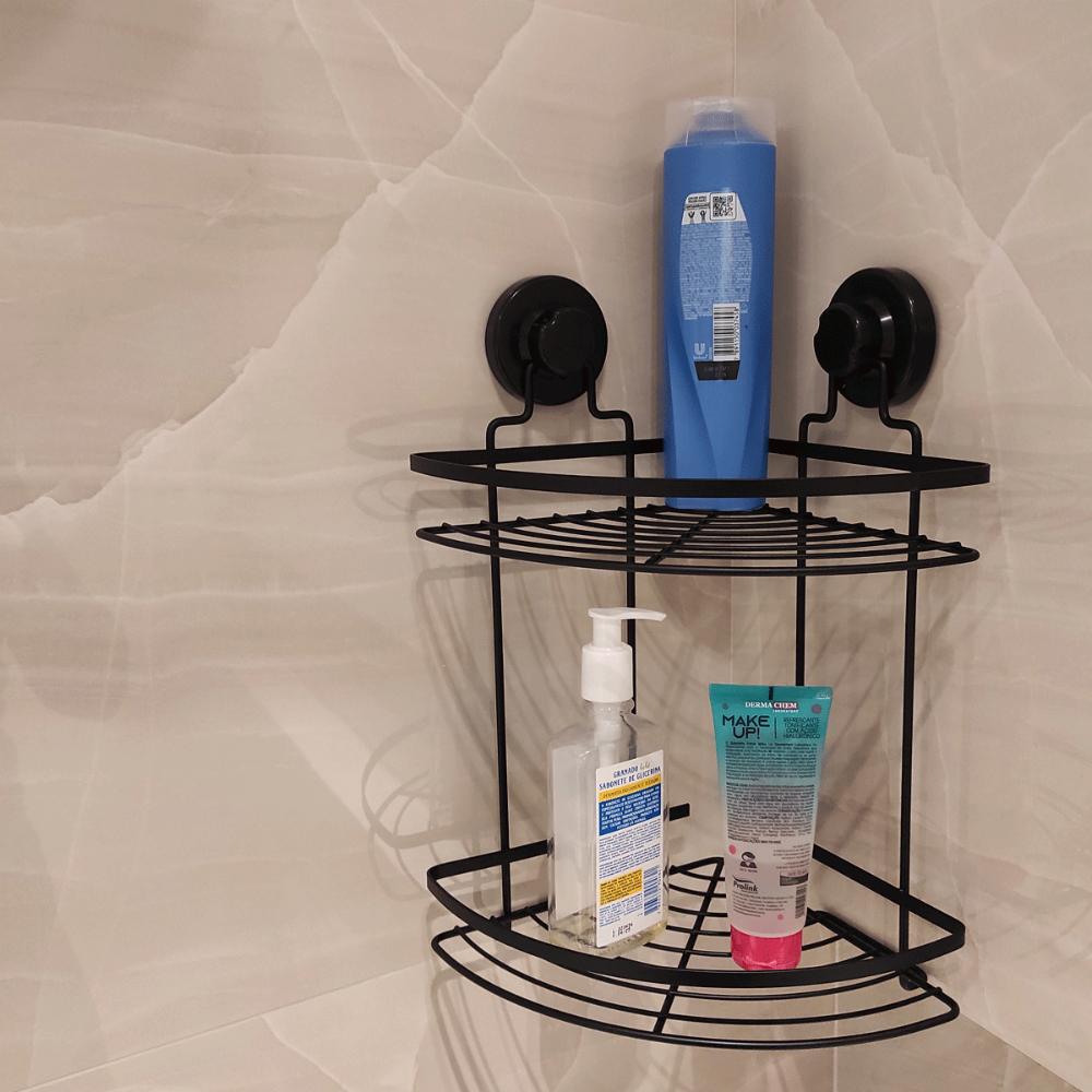 Suporte Porta Shampoo Preto com Ventosa Duplo Cantoneira Para Banheiro Faciliti
