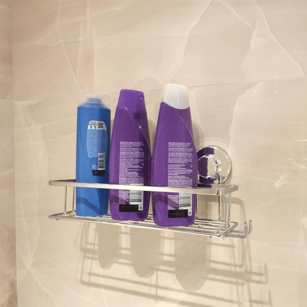 Suporte Shampoo com Ventosa Banheiro Cromado Gancho Multiuso