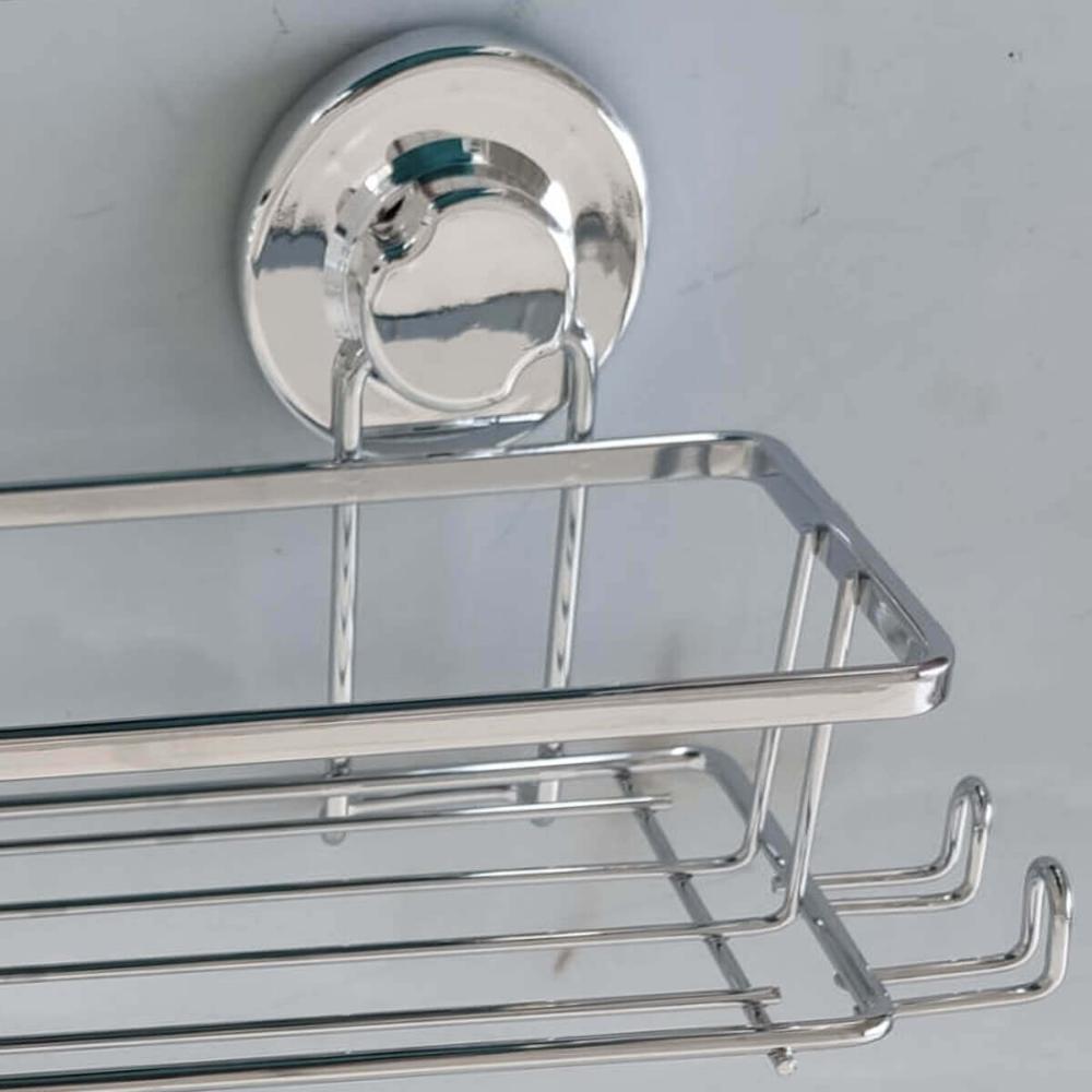 Suporte Shampoo com Ventosa Banheiro Cromado Gancho Multiuso