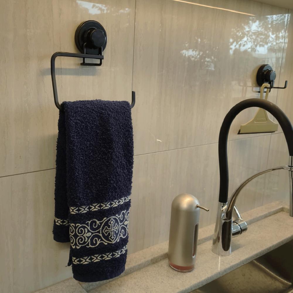 Toalheiro com Ventosa Preto Fosco Porta Toalha de Rosto para Banheiro Lavabo Faciliti