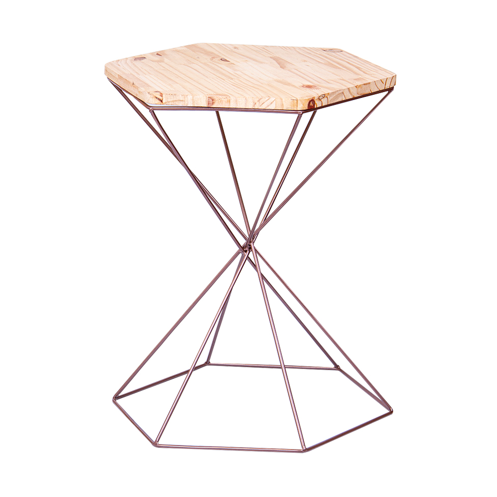 Mesa Lateral Hexagonal Quito Madeira e Bronze