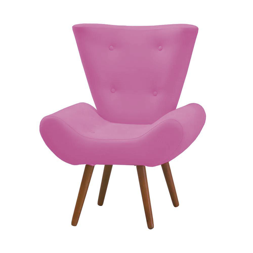 Kit Poltrona Decorativa com Puff Bella Pés Madeira Suede Rosa