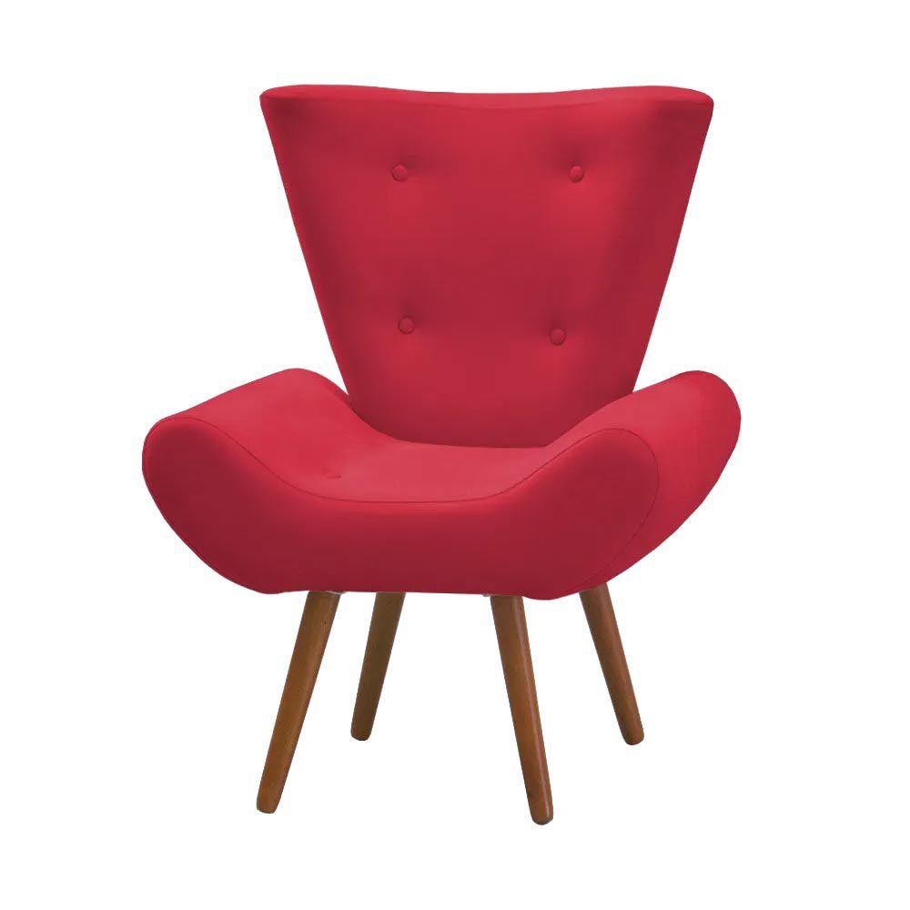 Kit Poltrona Decorativa com Puff Bella Pés Madeira Suede Vermelho