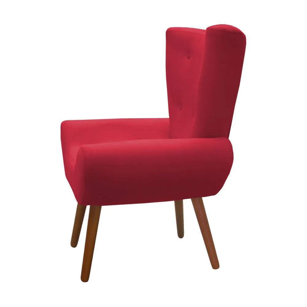 Kit Poltrona Decorativa com Puff Bella Pés Madeira Suede Vermelho