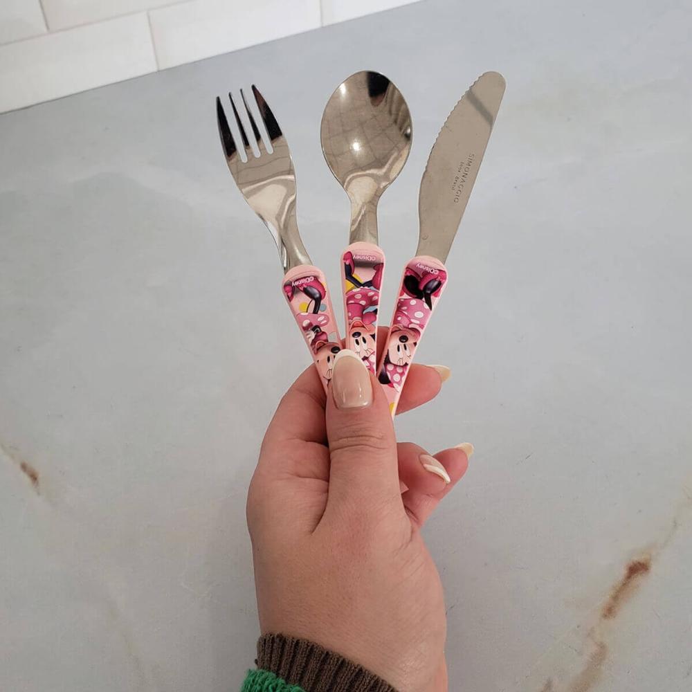 Conjunto de Talheres Minnie Rosa 3 Peças Garfo Faca Colher I