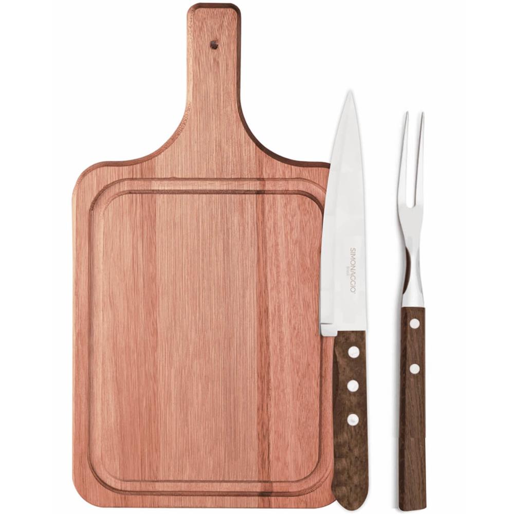 Conjunto para Churrasco Madeira 3 Peças Kit Garfo Faca e Táb