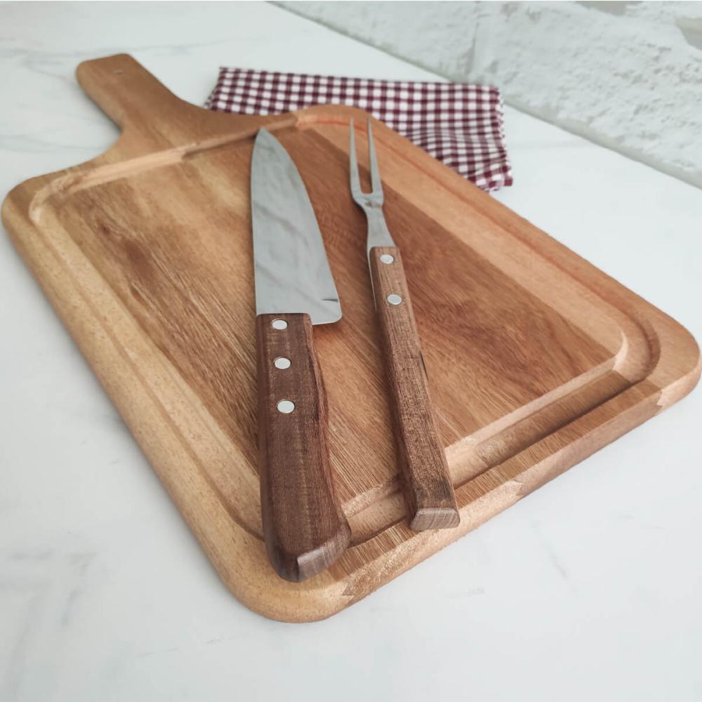 Conjunto para Churrasco Madeira 3 Peças Kit Garfo Faca e Táb