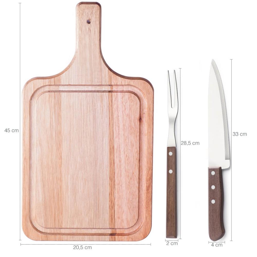 Conjunto para Churrasco Madeira 3 Peças Kit Garfo Faca e Táb
