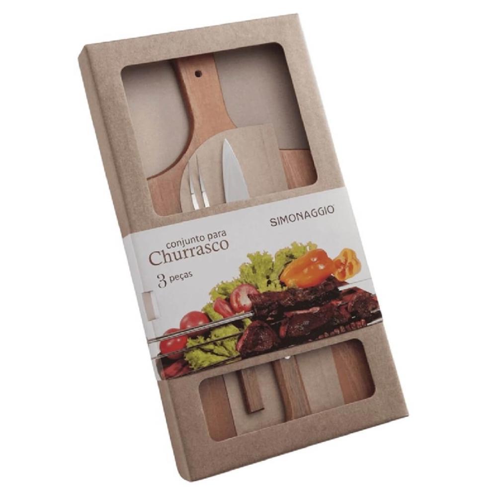Conjunto para Churrasco Madeira 3 Peças Kit Garfo Faca e Táb
