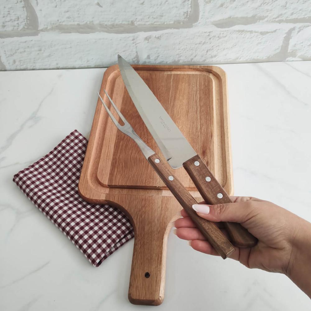 Conjunto para Churrasco Madeira 3 Peças Kit Garfo Faca e Táb