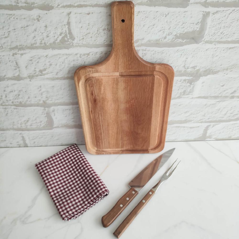 Conjunto para Churrasco Madeira 3 Peças Kit Garfo Faca e Táb