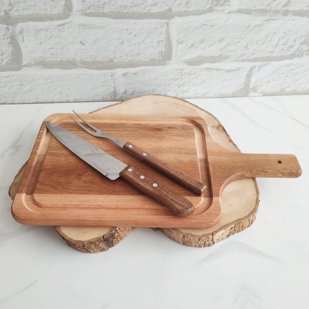 Conjunto para Churrasco Madeira 3 Peças Kit Garfo Faca e Táb