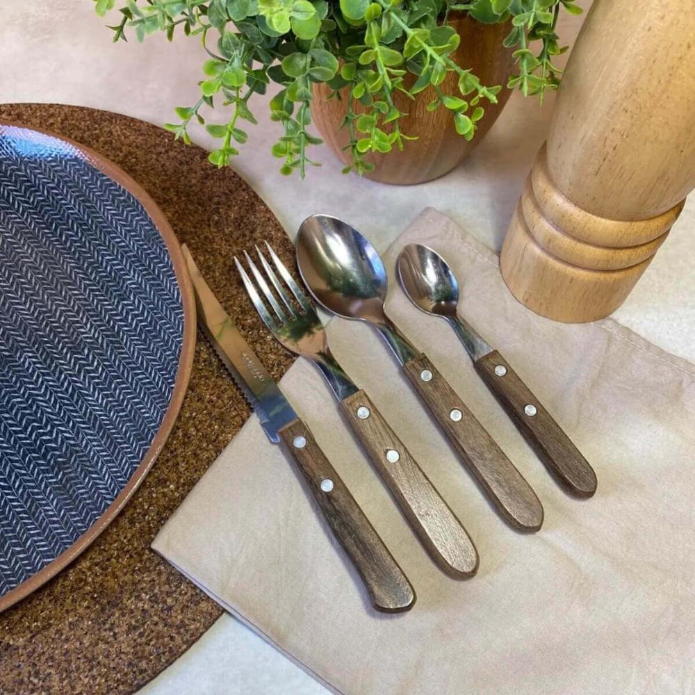 Jogo de Talheres Cucina Mia Cabo de Madeira 24pçs Faqueiro Simonaggio