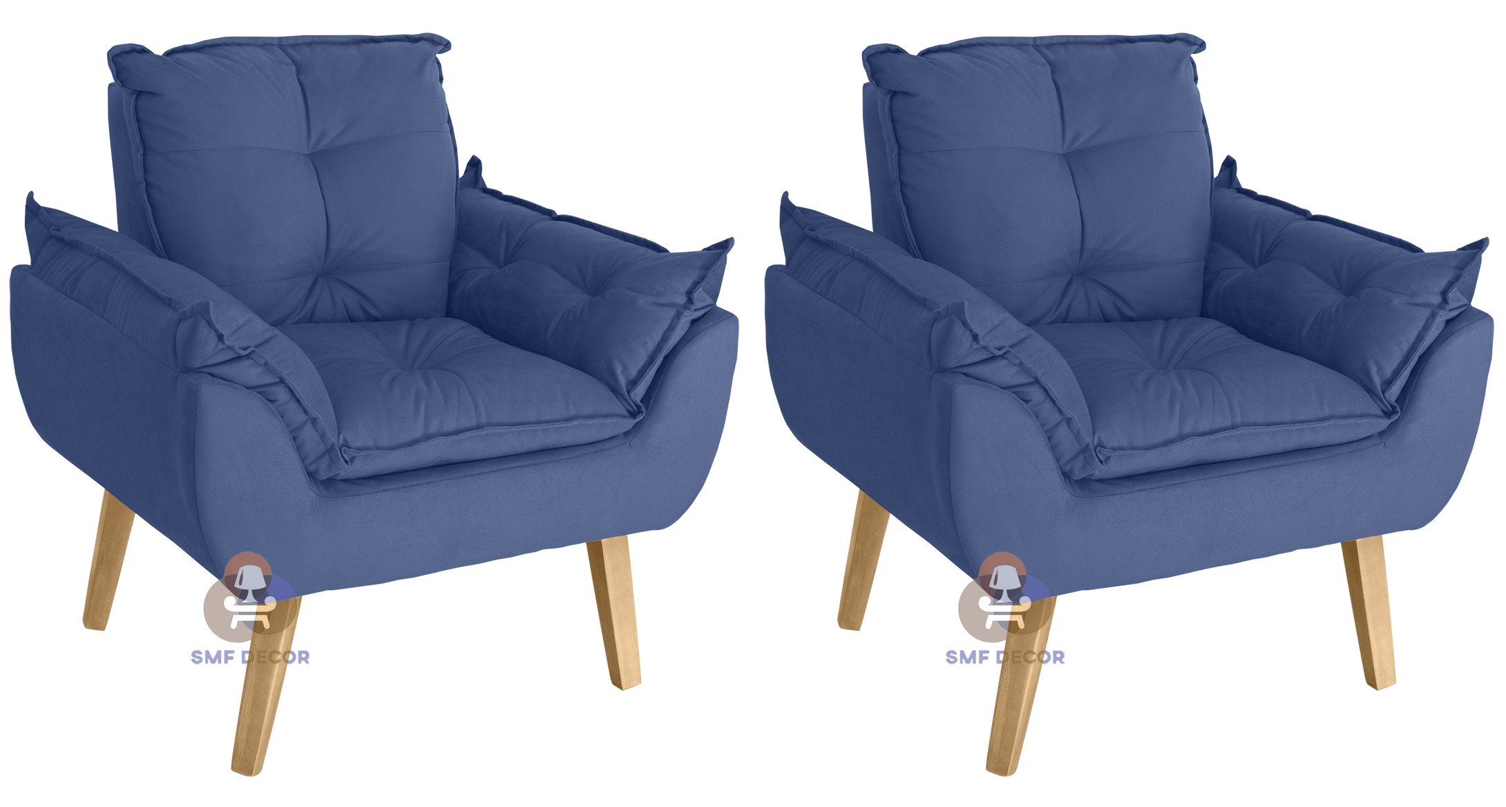 Kit 02 Poltrona Decorativa Confortável Opala Azul Marinho com fibra de silicone e pés quadrado SMF DECOR