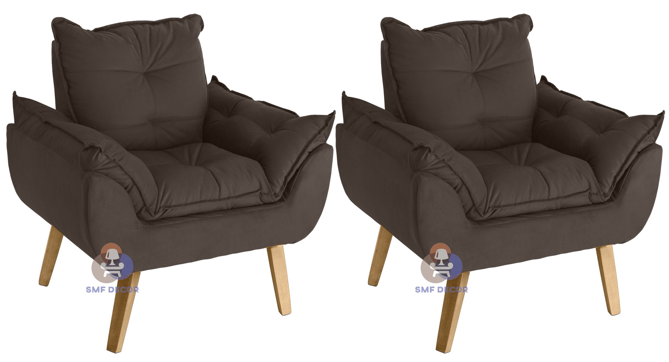 Kit 02 Poltrona Decorativa Confortável Opala Marrom com fibra de silicone e pés quadrado SMF DECOR