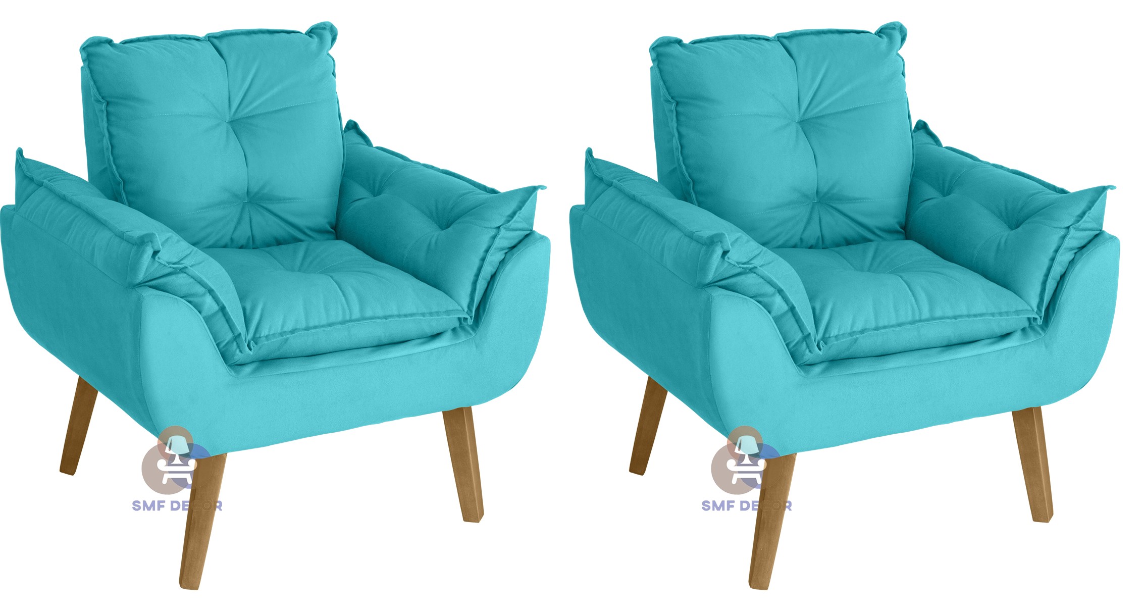 Kit 02 Poltrona Decorativa e Descanso Confortável Opala Azul Turguesa com fibra de silicone e pés quadrado SMF DECOR