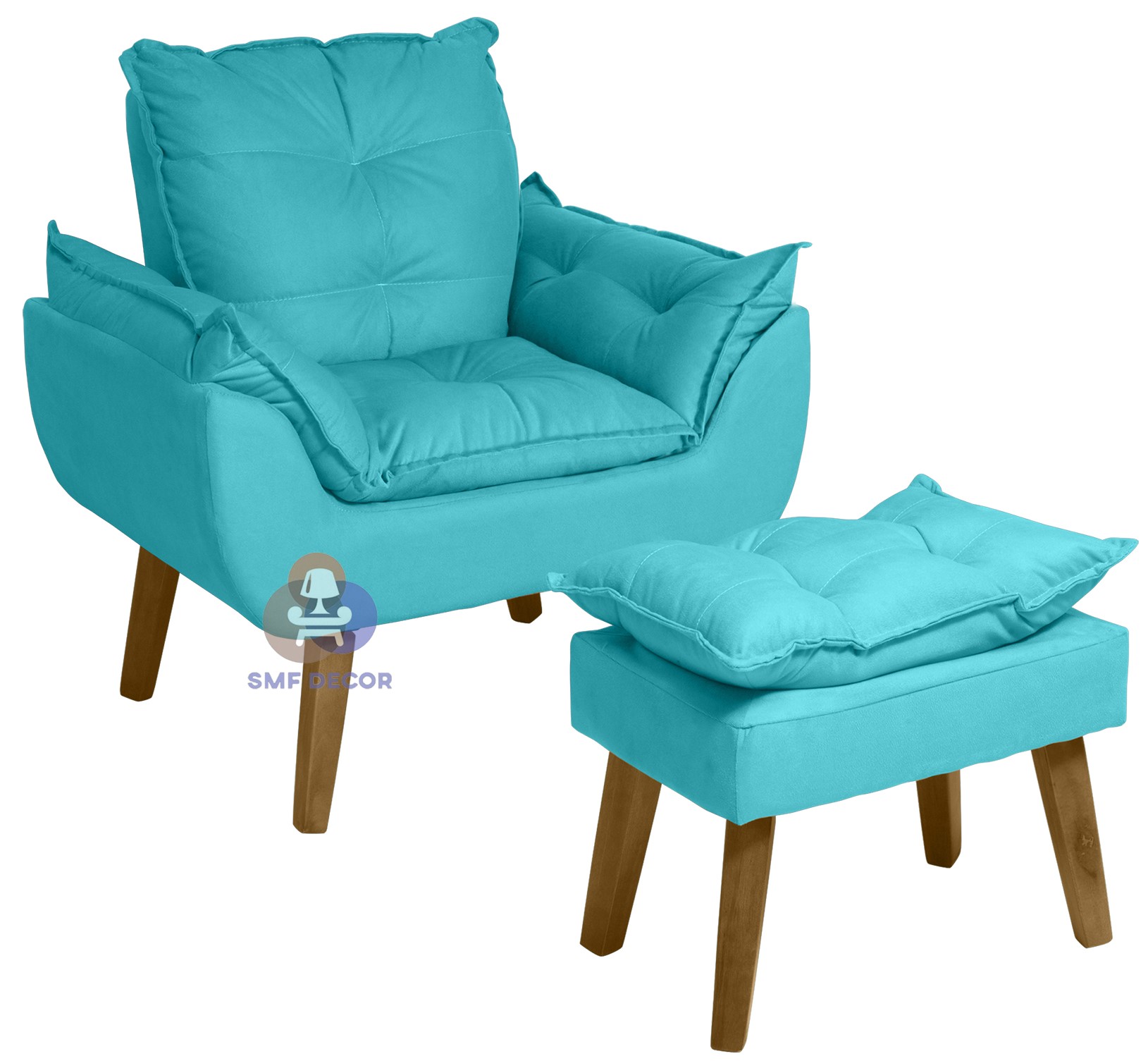 Kit 02 Poltrona Decorativa e Puff Opala Azul Turguesa com fibra de silicone e pés quadrado SMF DECOR