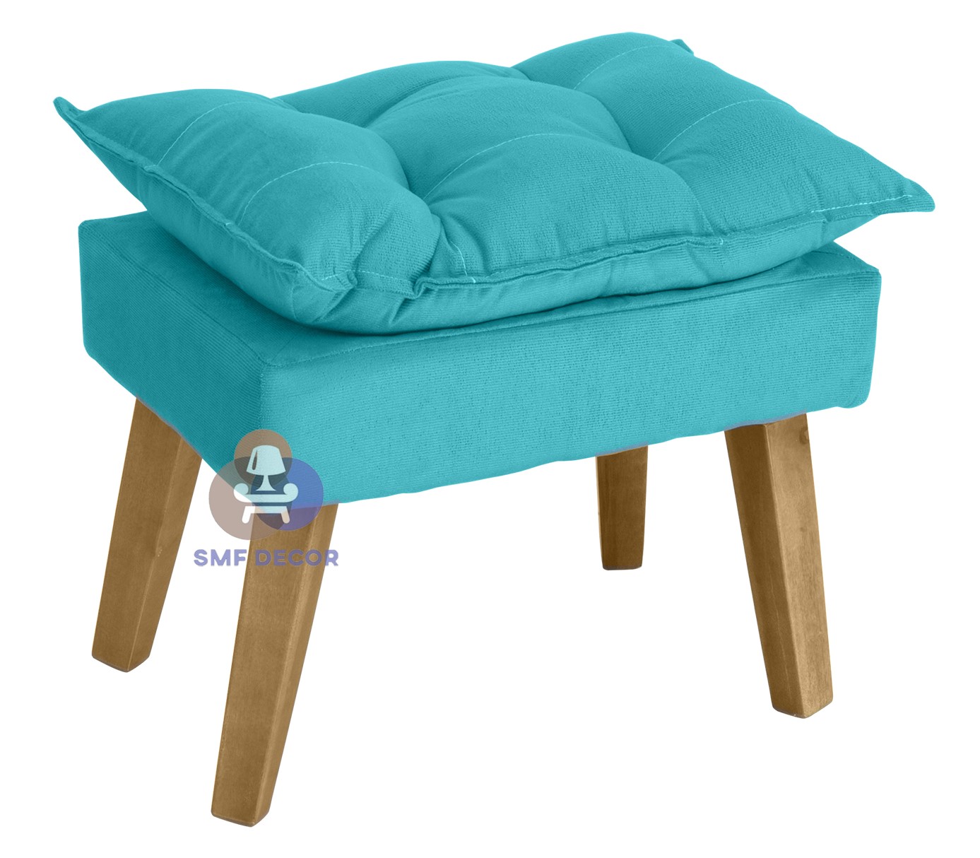 Kit 02 Poltrona Decorativa e Puff Opala Azul Turguesa com fibra de silicone e pés quadrado SMF DECOR