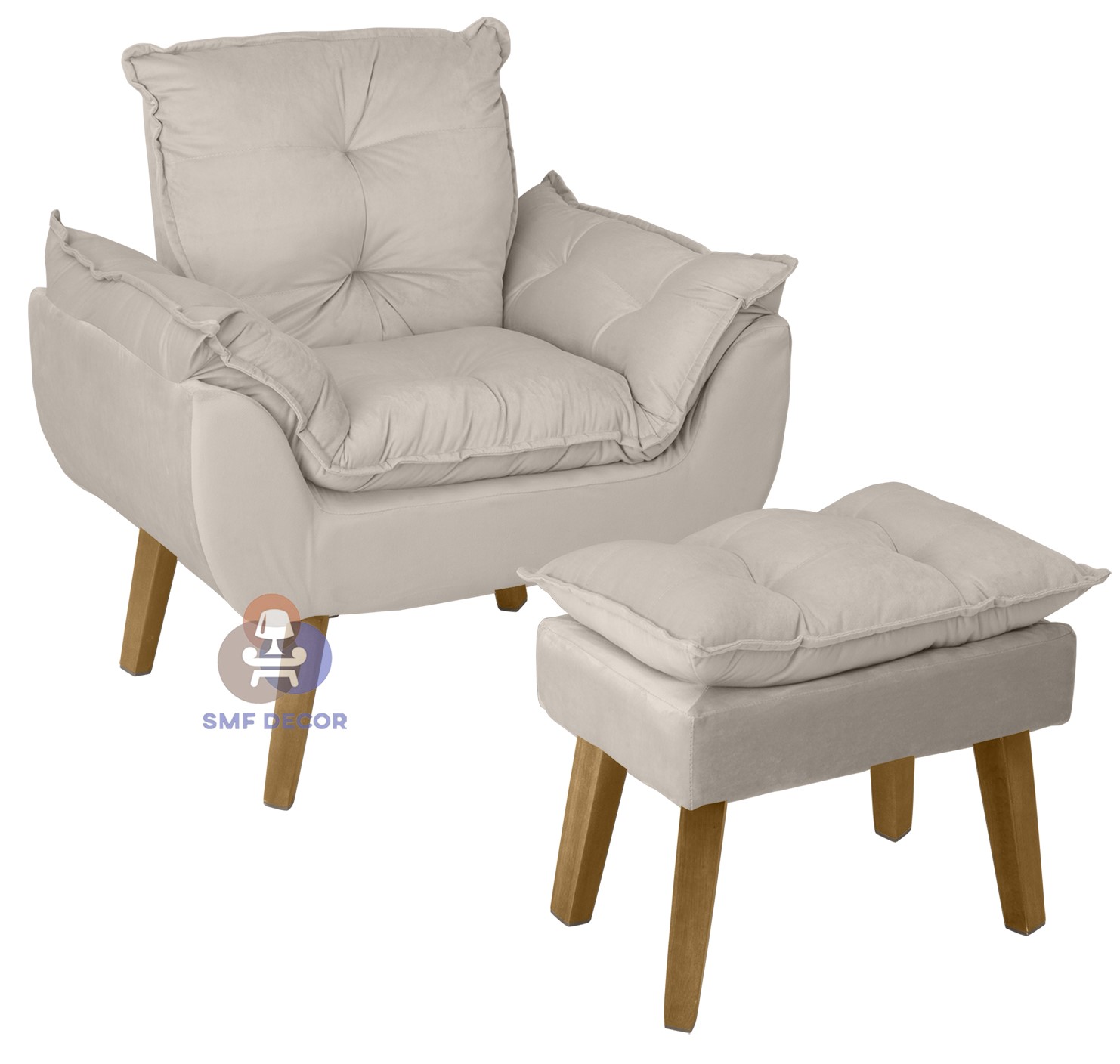 Kit 02 Poltrona Decorativa e Puff Opala Bege Claro com fibra de silicone e pés quadrado SMF DECOR