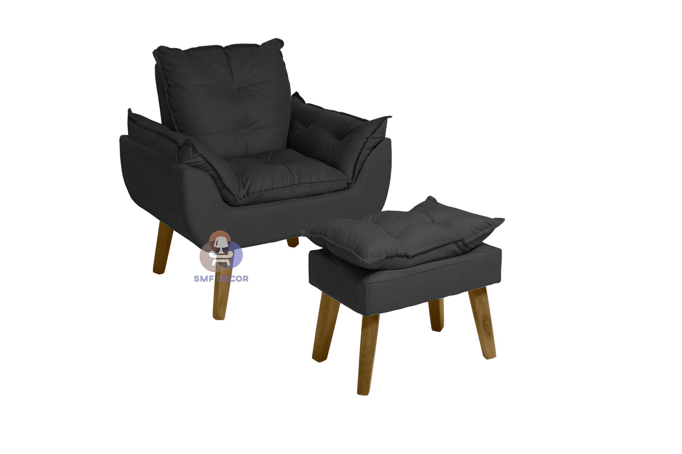 Kit 02 Poltrona Decorativa e Puff Opala Preto com fibra de silicone e pés quadrado SMF DECOR