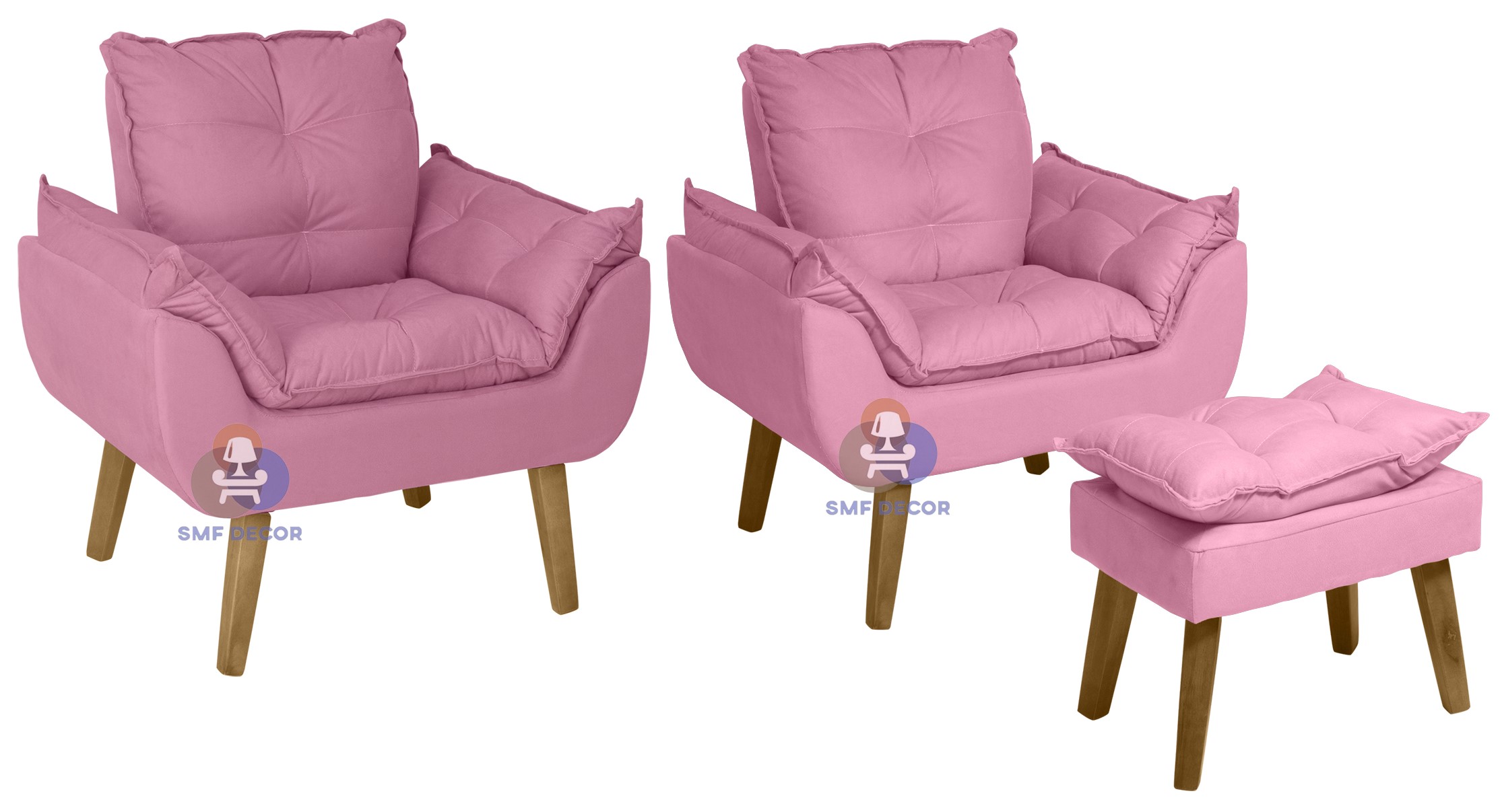 Kit 02 Poltrona Decorativa e Puff Opala Rosê com fibra de silicone e pés quadrado SMF DECOR