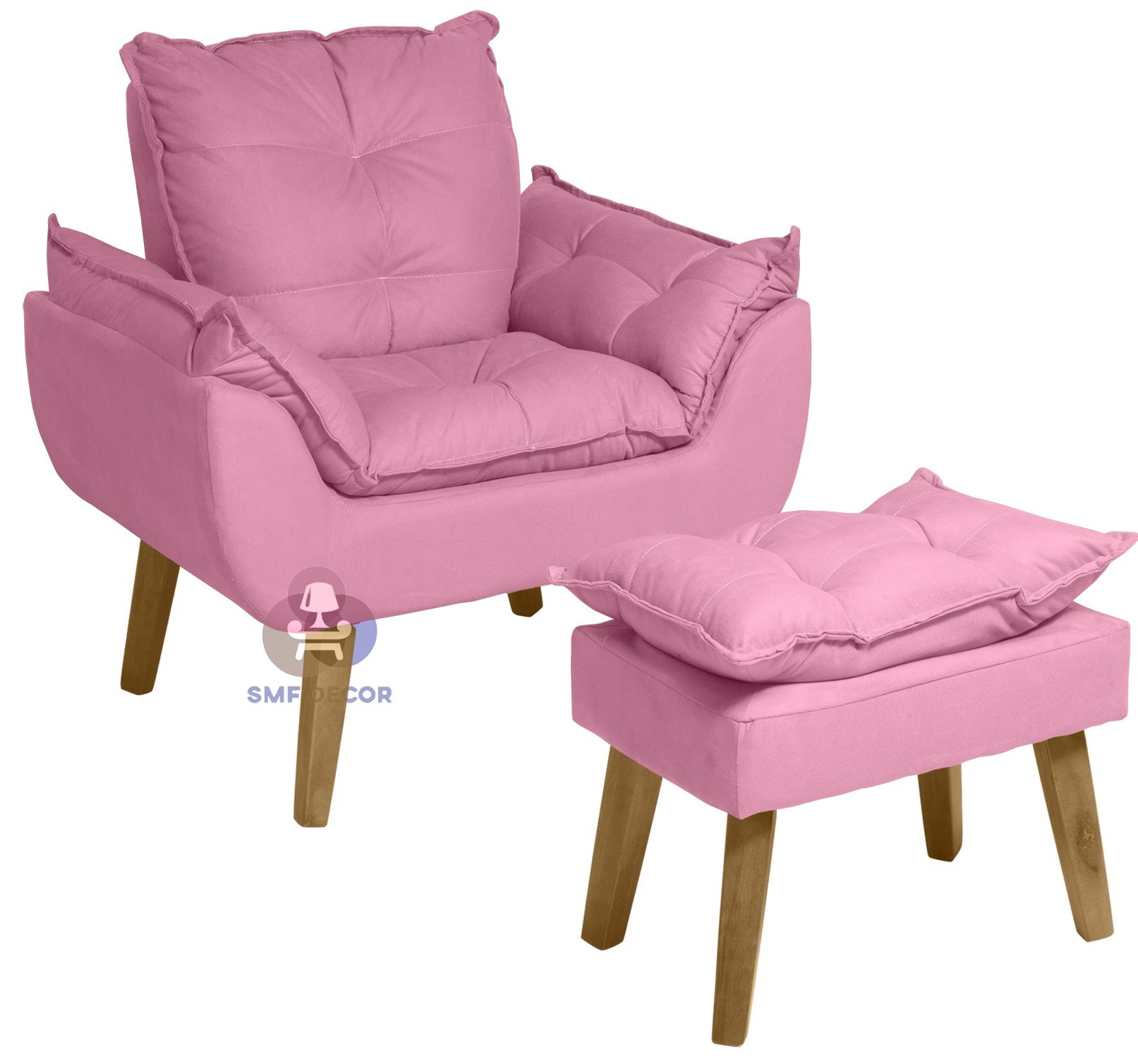 Kit 02 Poltrona Decorativa e Puff Opala Rosê com fibra de silicone e pés quadrado SMF DECOR